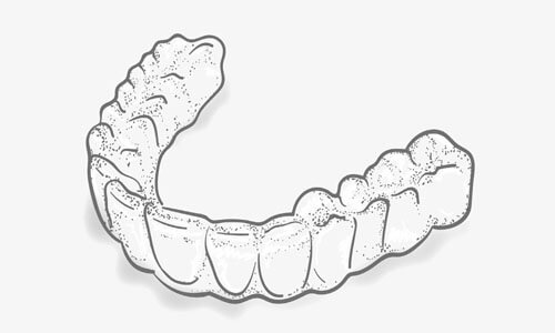 Close-up illustration of a clear Invisalign invisible brace as done at Premier Holistic Dental in beautiful Costa Rica.  The picture shows an invisible teeth aligner that fits over the upper teeth.